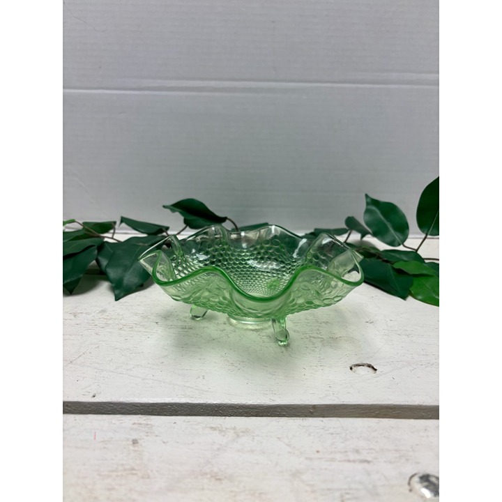 Green Depression Glass Bowl With Hobnail Design & Scalloped Edges