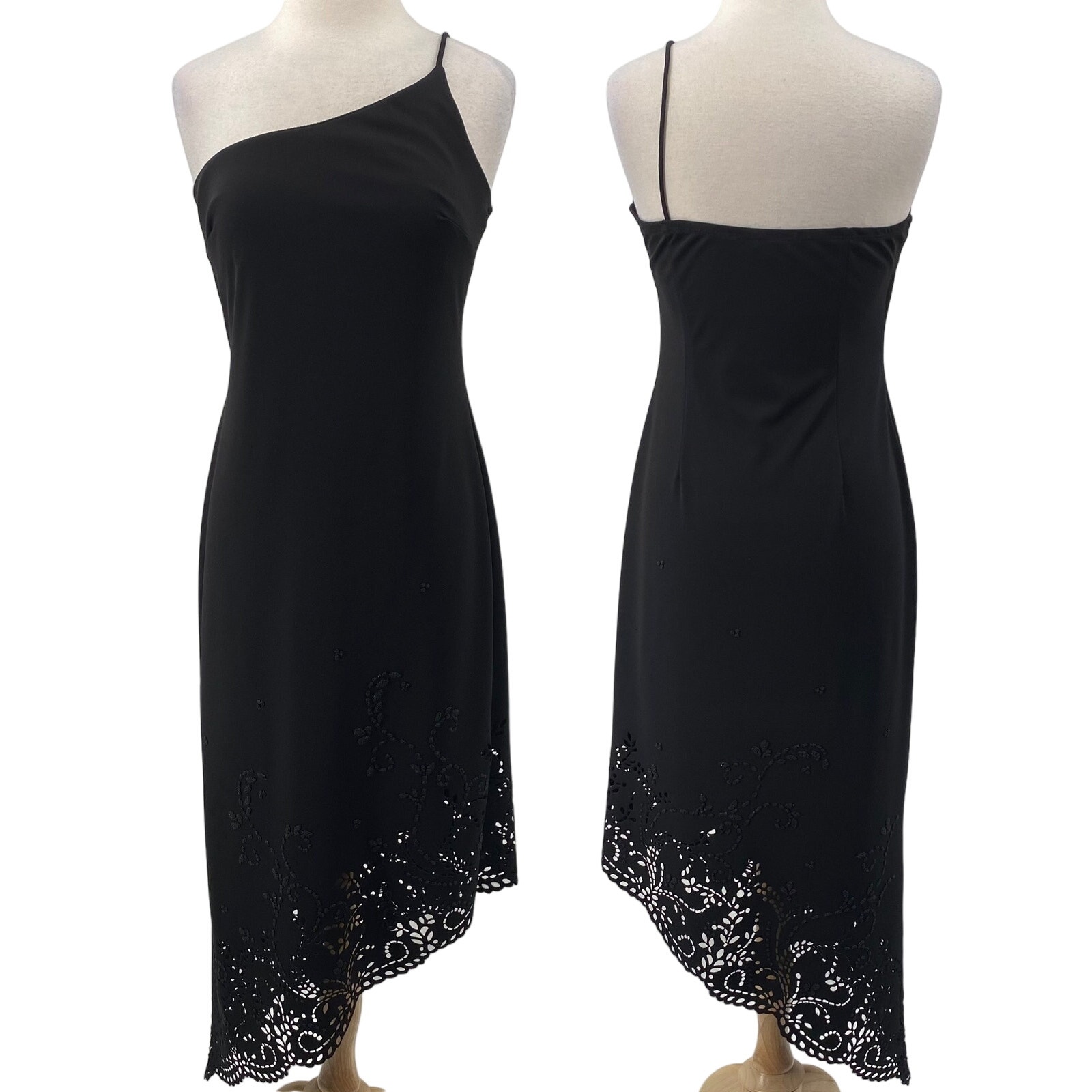 Vintage 90s Rampage Midi Dress Asymmetric One Shoulder Laser Cut Floral Beaded M