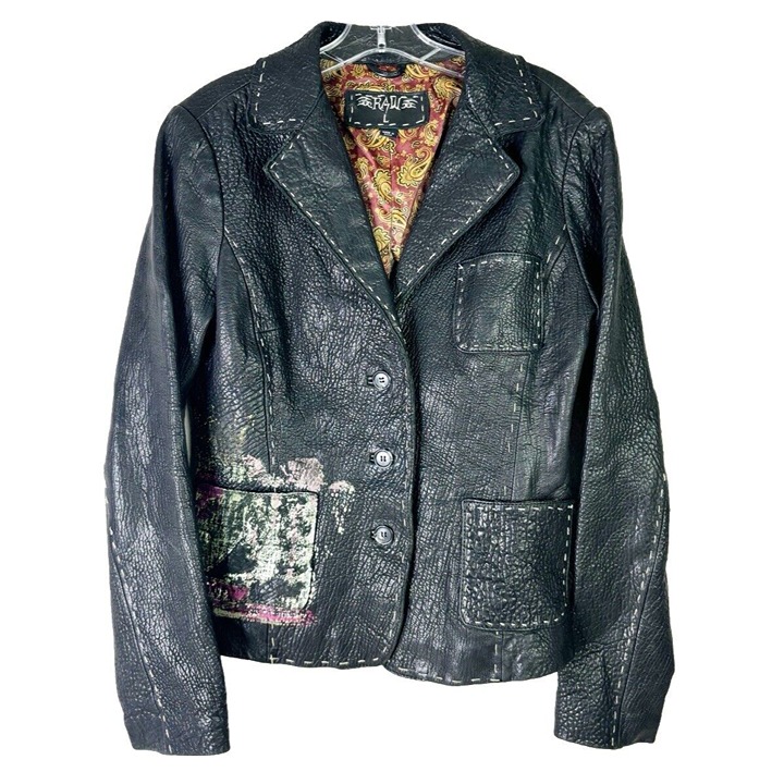 Raw Large Black Textured Leather Lined Jacket Art Paint Design Soft Stitched GUC