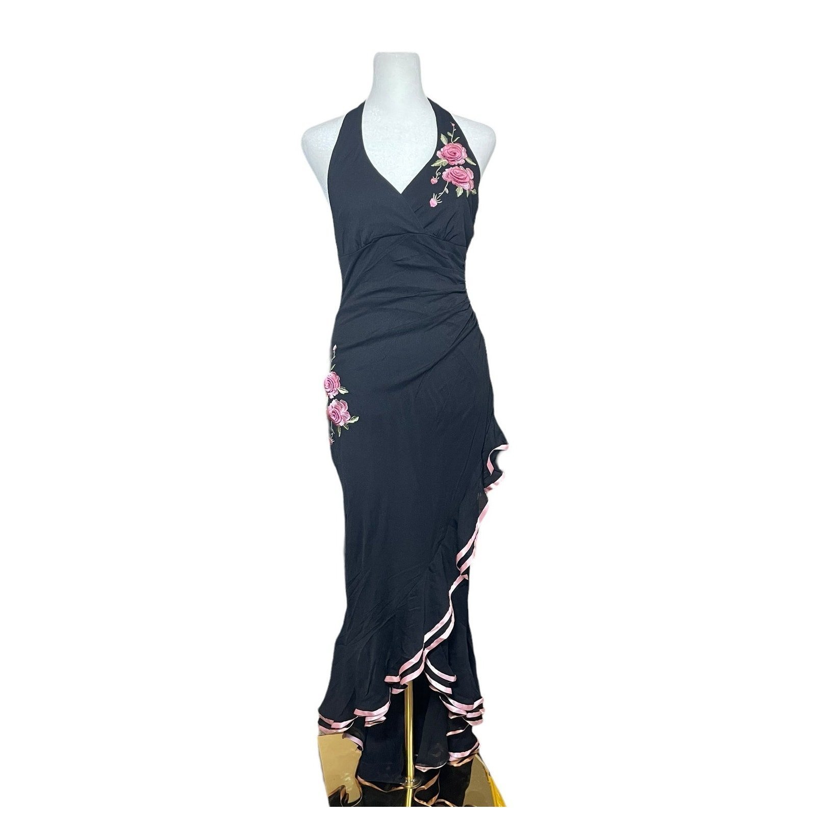 Rampage Halter Women's Dress Black Pink Size Medium Floral Fairy Pinup Girl Y2K
