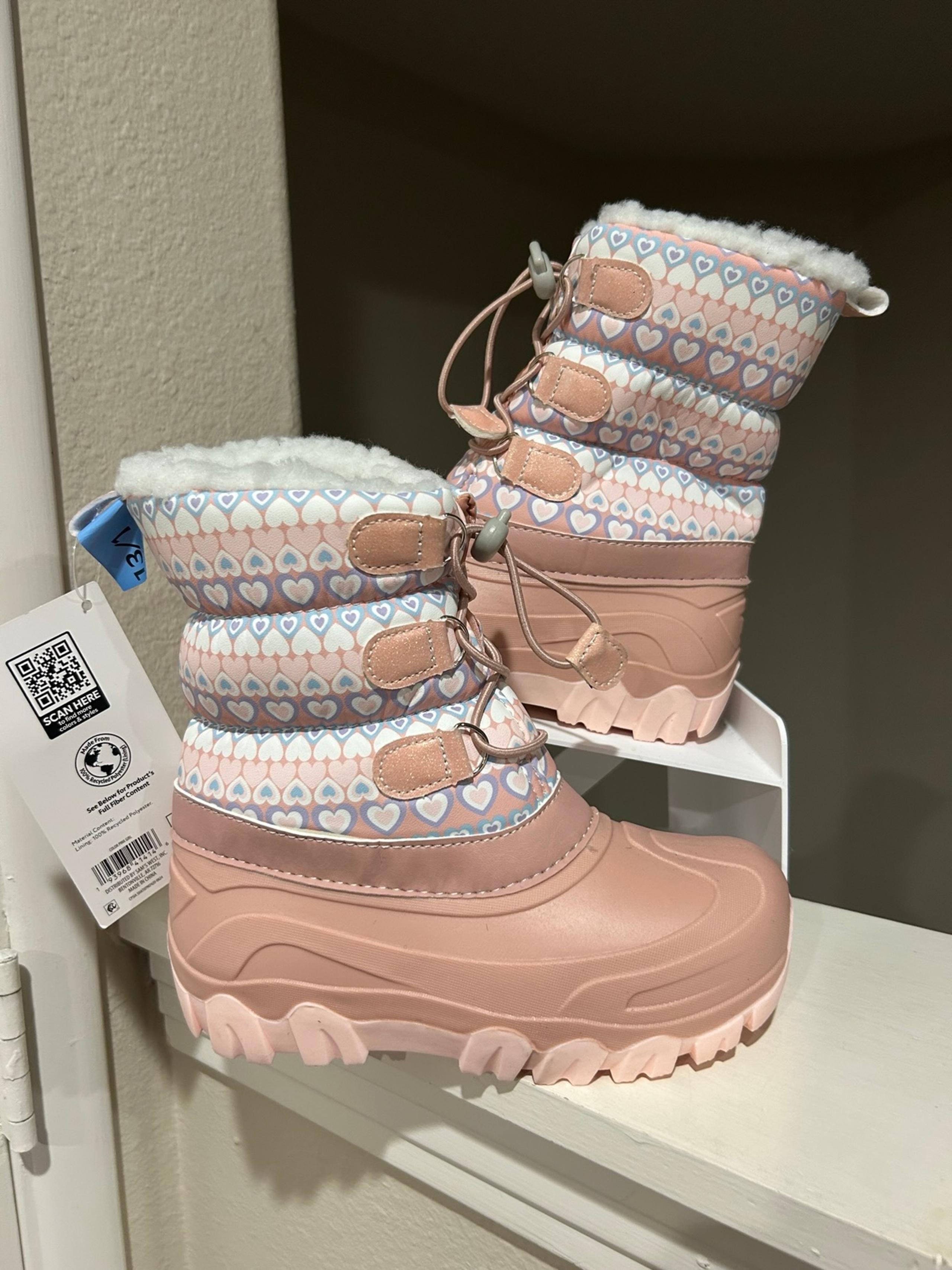 NWT Member's Mark Girl's Pull On Insulated Snow Boots Pink Hearts Kids Size 13/1