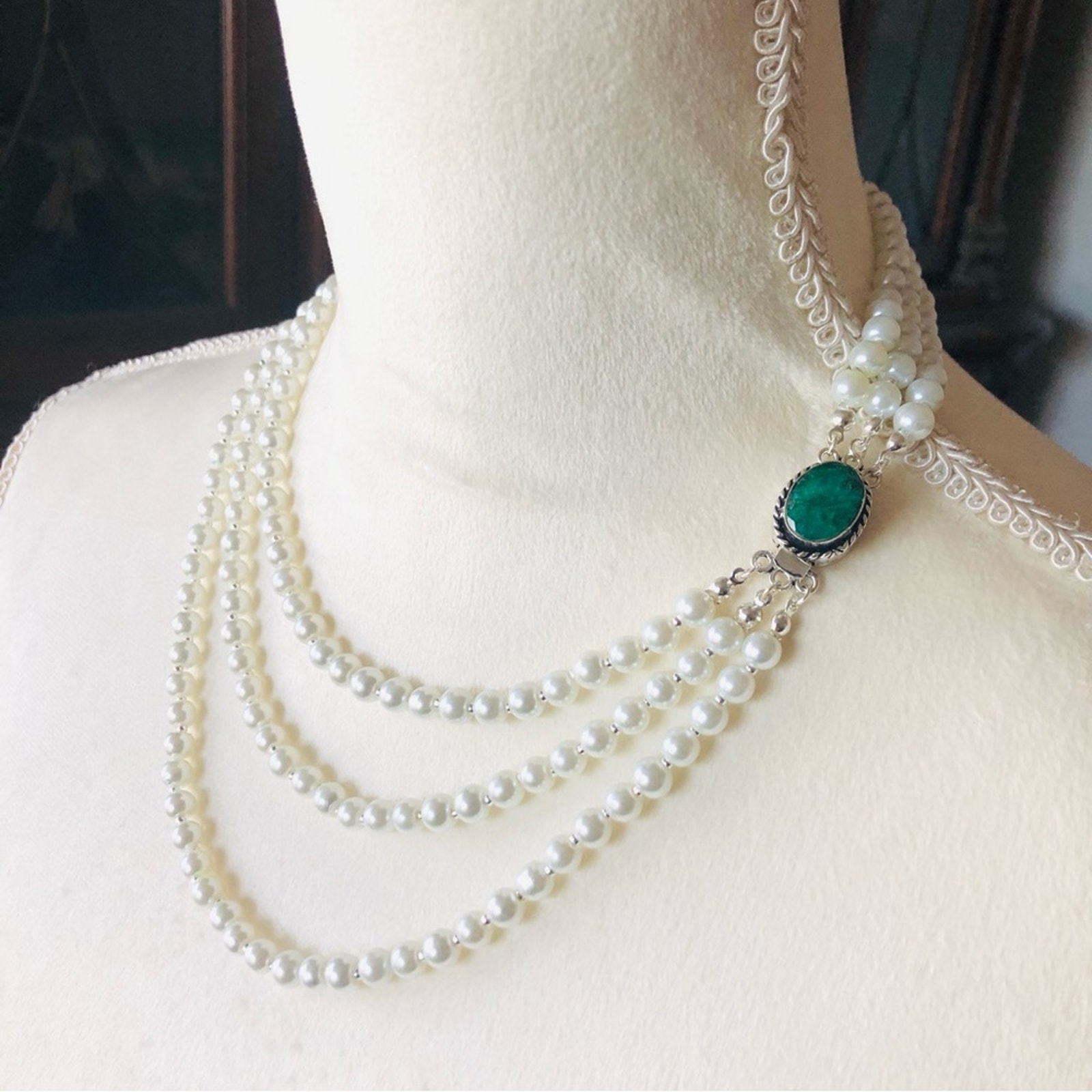 Handcrafted triple strand white Czech glass Pearl genuine emerald clasp necklace