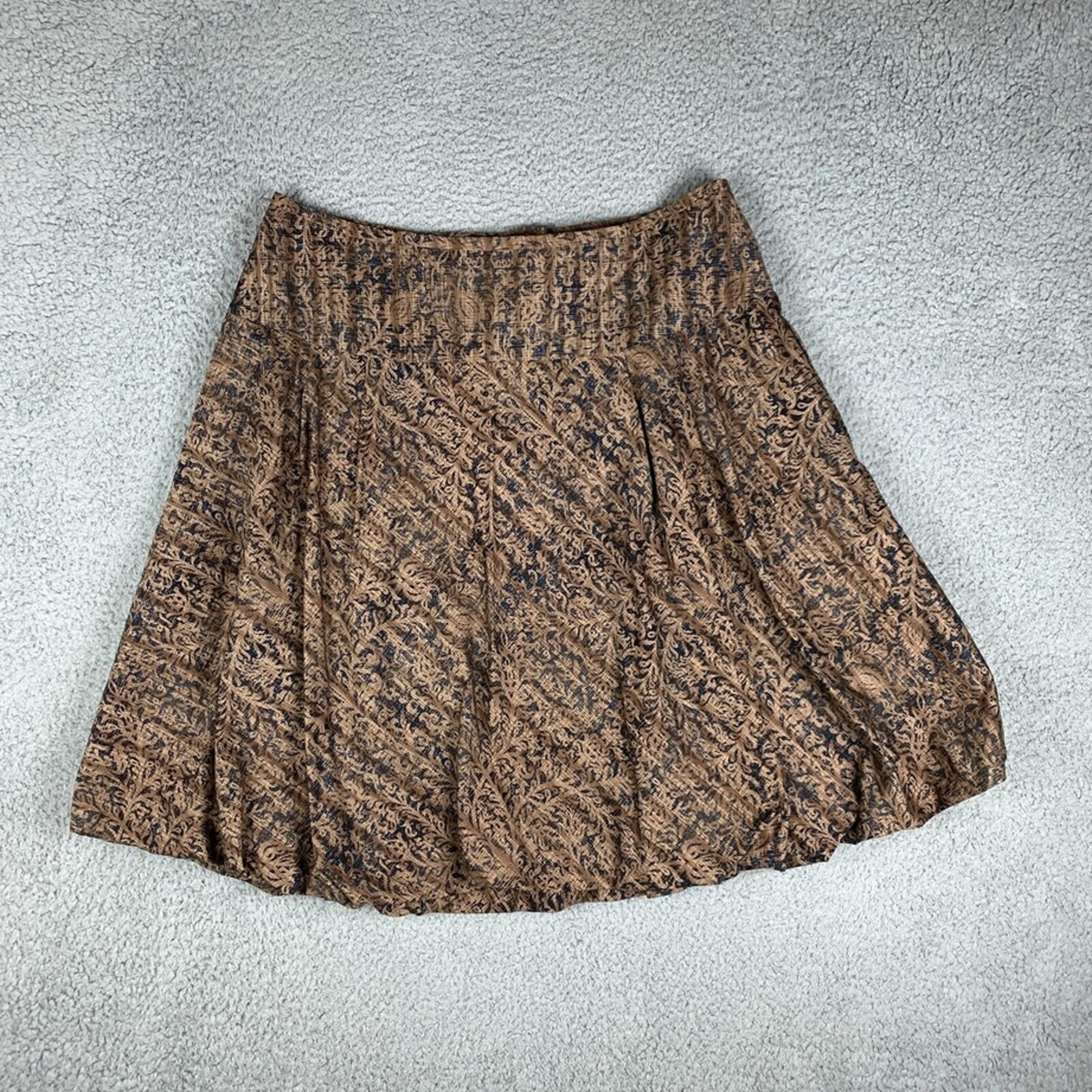 Peruvian Connection A Line Skirt Size 14 Tan/Blue Printed Pleated Knee Length