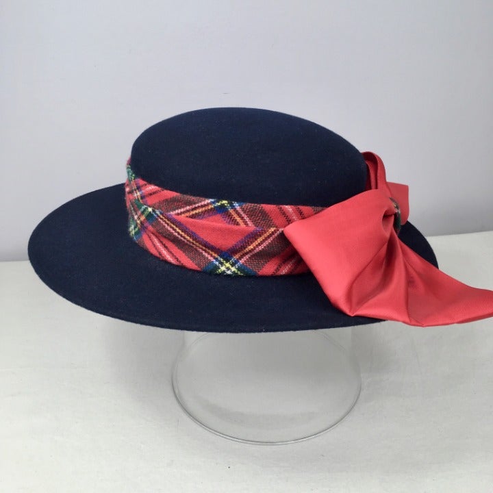 Vintage Navy Blue Wool Hat With Red Plaid Bow Michael Howard Georgi Christmas