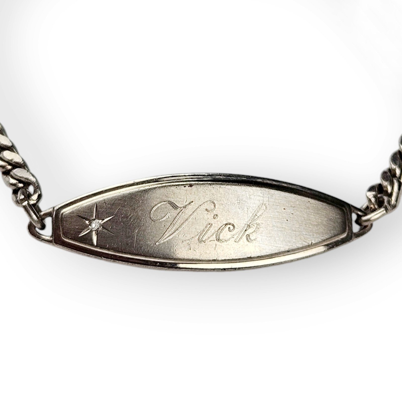 Vick Identity Bracelet Speidel Diamond Accent Engraved ID Silver Tone Chain Vtg