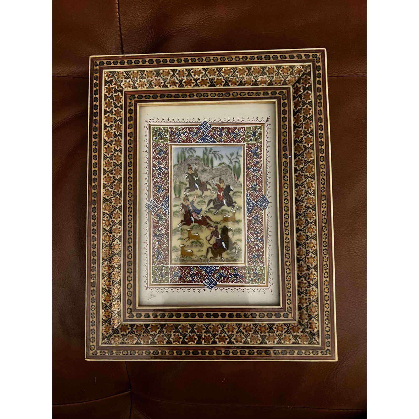Persian Khatam Inlaid Frame Miniature Hand Paint Micro Mosaic Marquetry 8x10