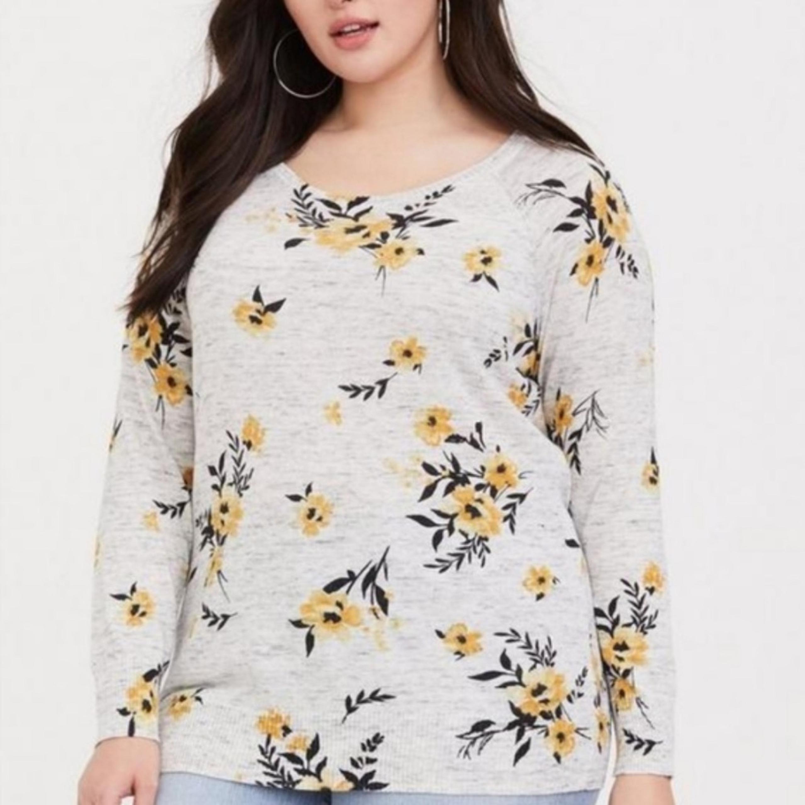 Torrid Pullover Scoop Neck Floral Knit Raglan Sweater Gray Yellow Plus Size 5X