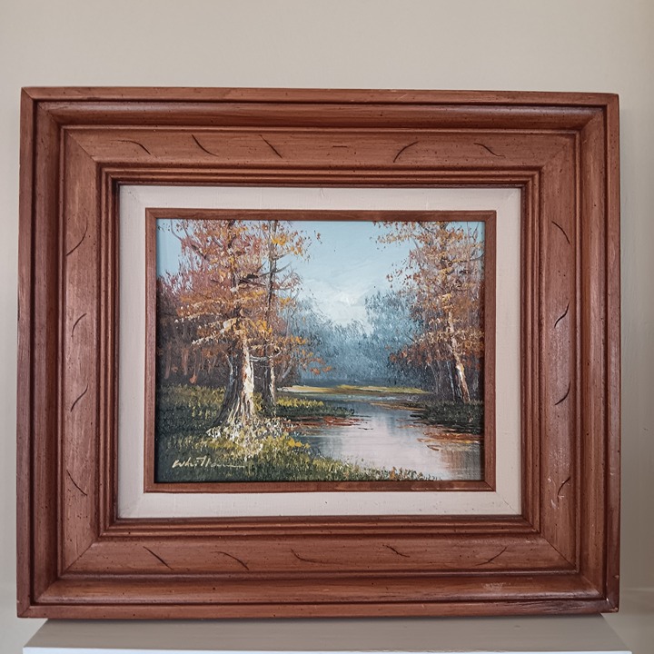 Vintage. Oil Painting Depicting a river with. trees on bank. signed.16 by14