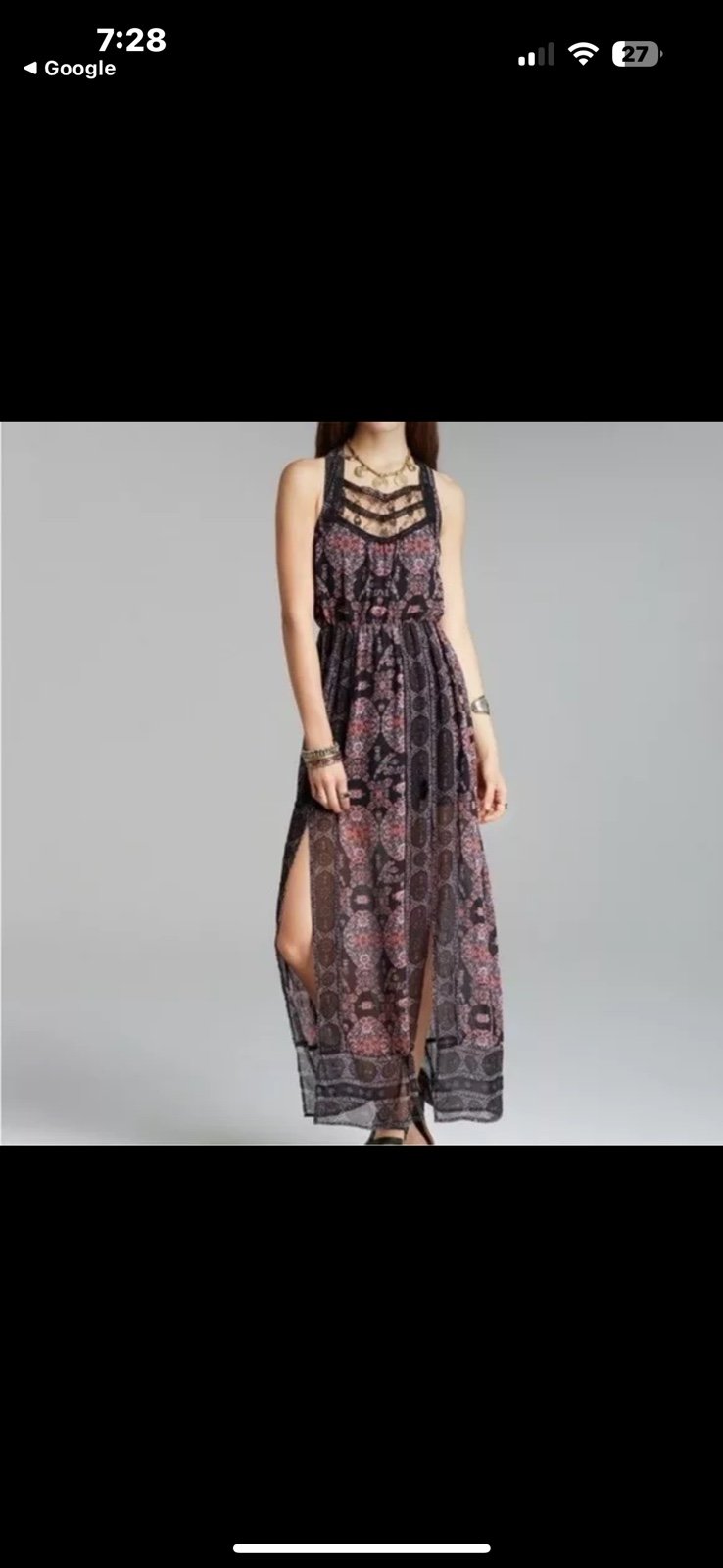 Free People Bohemian Moroccan Black Printed Lace Yoke Maxi Dress Size 2