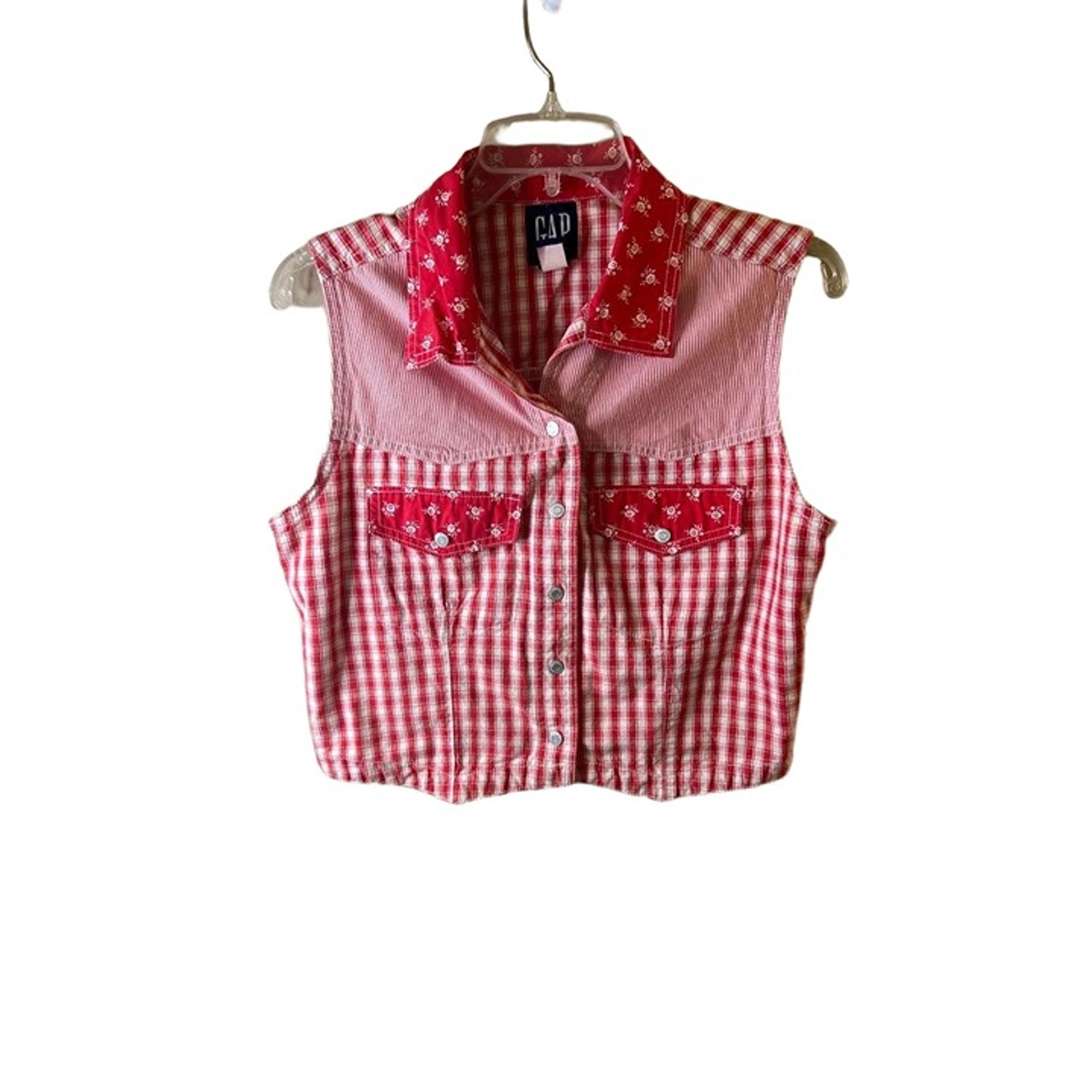 Vintage GAP Red Checkered Snap Front Cotton Pointed Collar Western Vest Medium