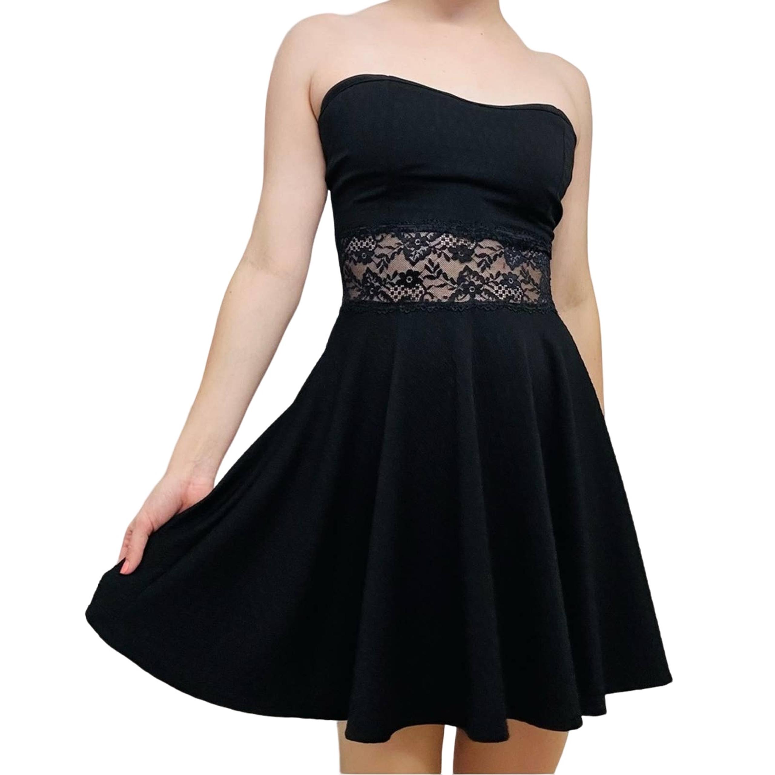 Y2K Dress Mini Black Strapless Cut Out Lace Waist Black Grunge Size Medium