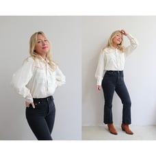 1980s Vintage Coquette Ribbon Western Shirt Men's XS SM Women's SM MD Pearl Snap