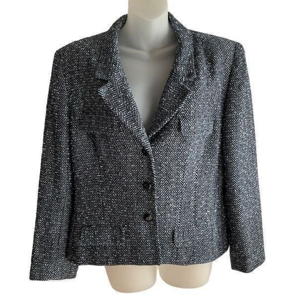 Carlisle Suit Jacket Silk Wool Blend Button Front Tweed Boucle Blue Black 14