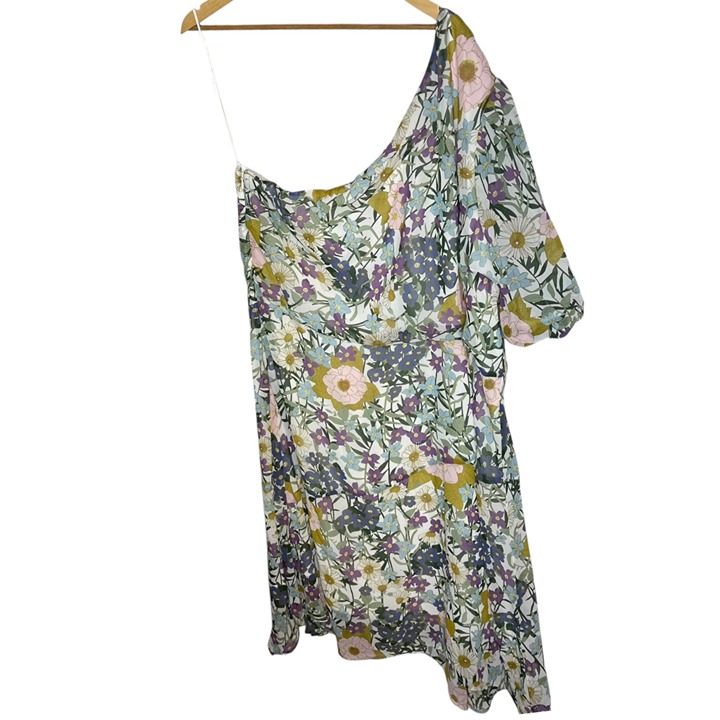 ESTELLE Women's 3X Wildbloom Midi Dress Floral One shoulder Short Puff Sleeves