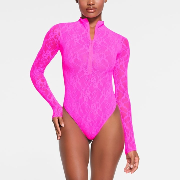 Skims Stretch Lace Lined Long Sleeve Thong Bodysuit in Neon Pink, Size Medium