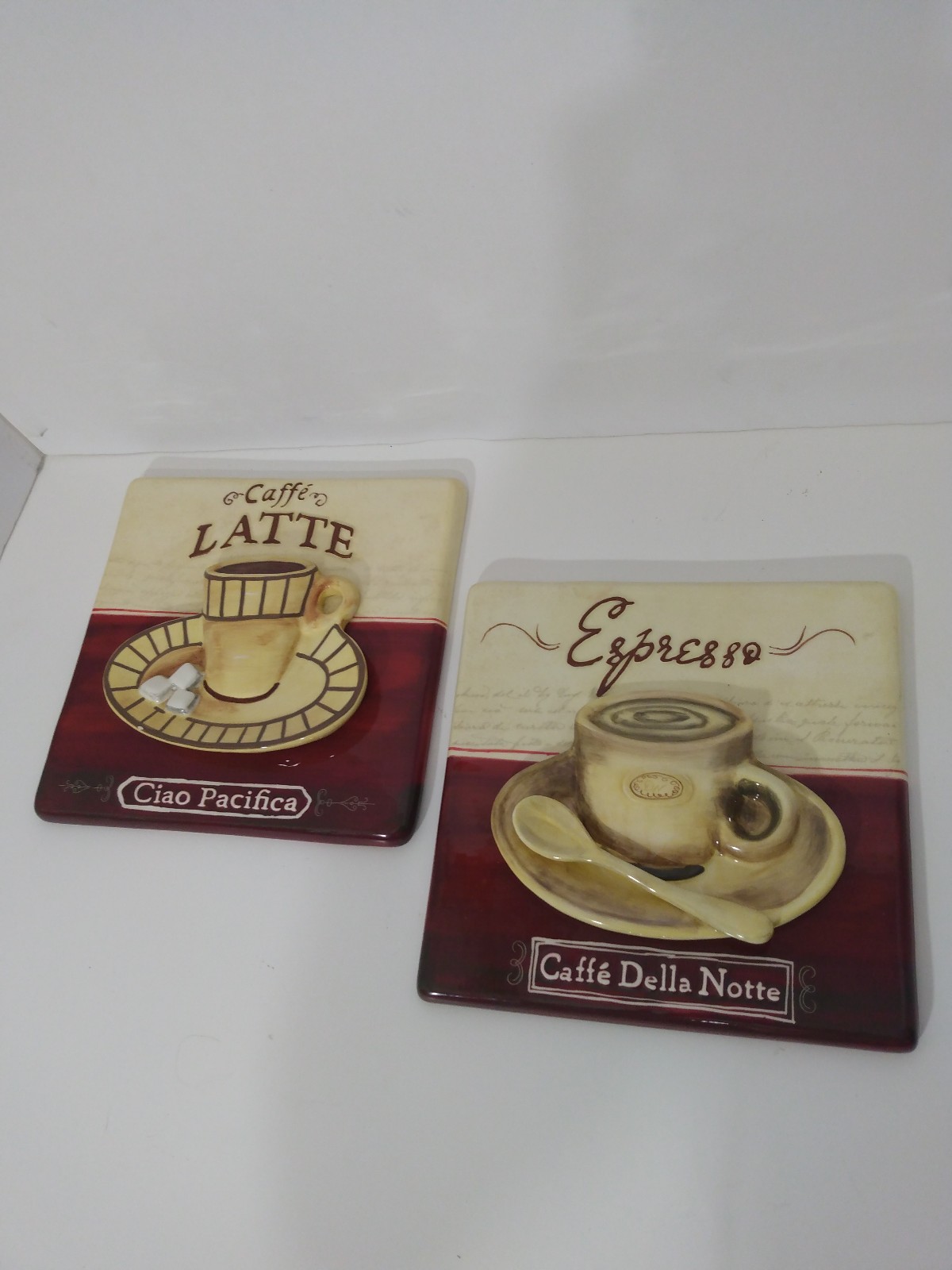 Set 2 Ceramic Porcelain 3D raised Caffe Latte Espresso Coffee Wall Art