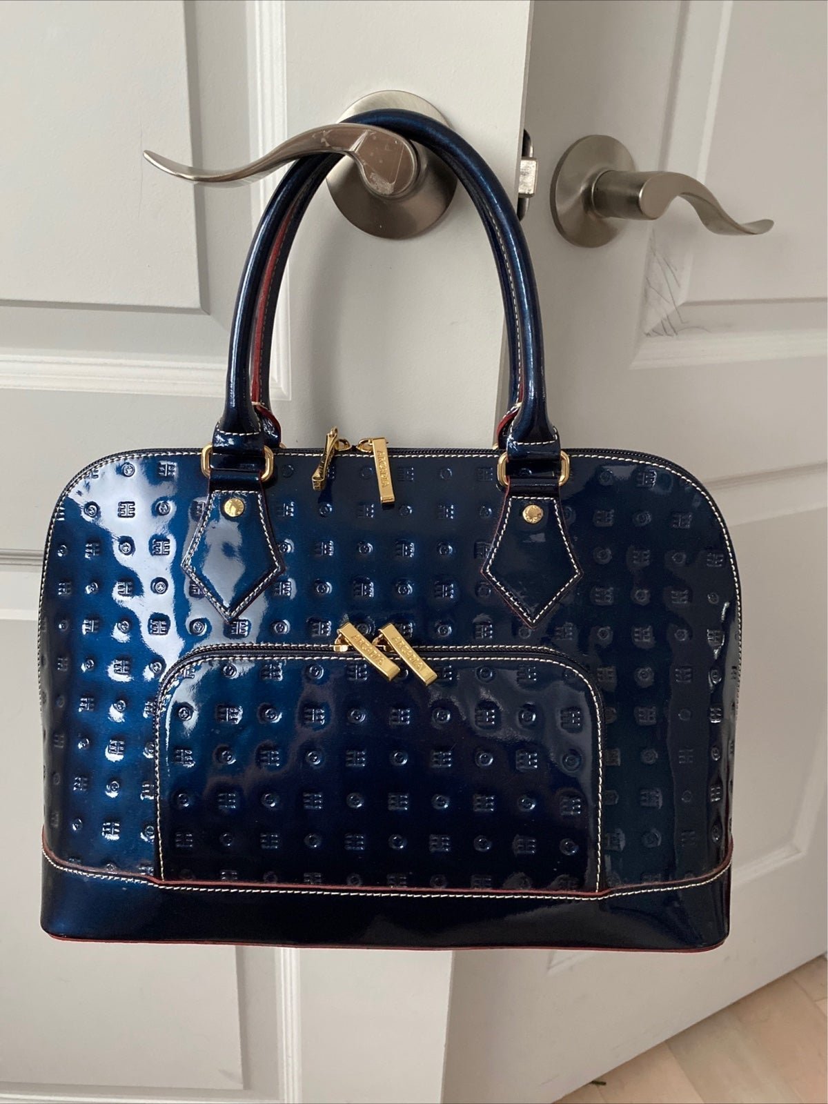 Arcadia ocean blue patent leather satchel bag made in italy