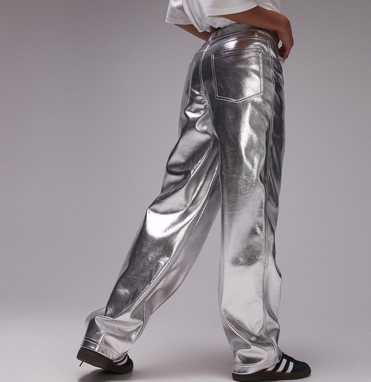 NWT Topshop Straight Leg Faux Leather Pants in Silver US Size 14