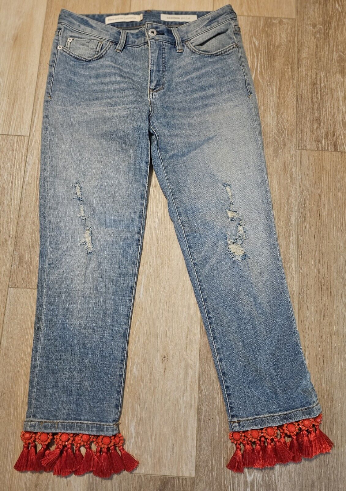 PILCRO AND THE LETTERPRESS Slim Boyfriend Jeans Red Tassel Hem Sz 26