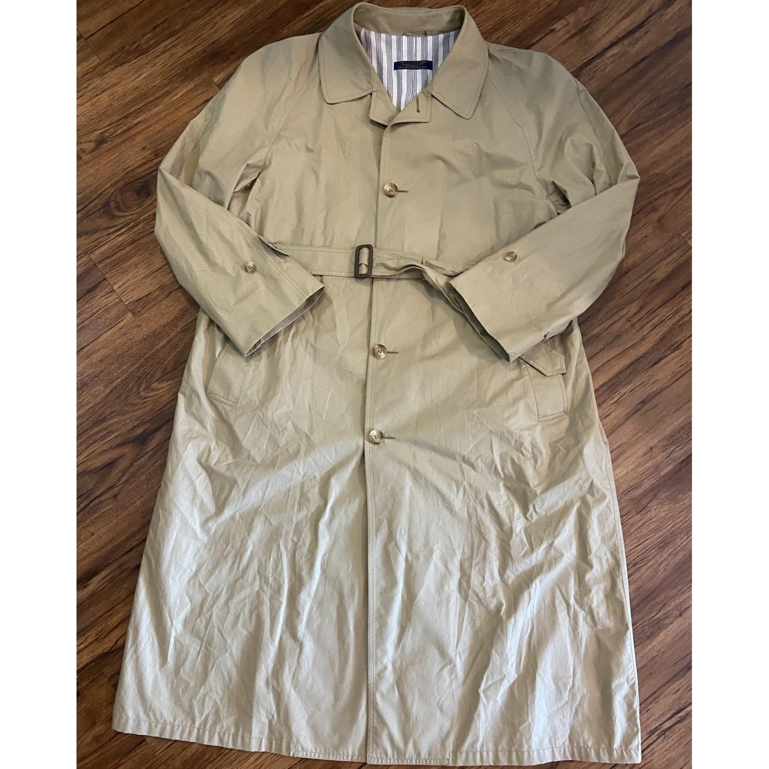 VINTAGE Brooks Brothers Long Trench Coat 46R Khaki Beige Button Cotton Belted