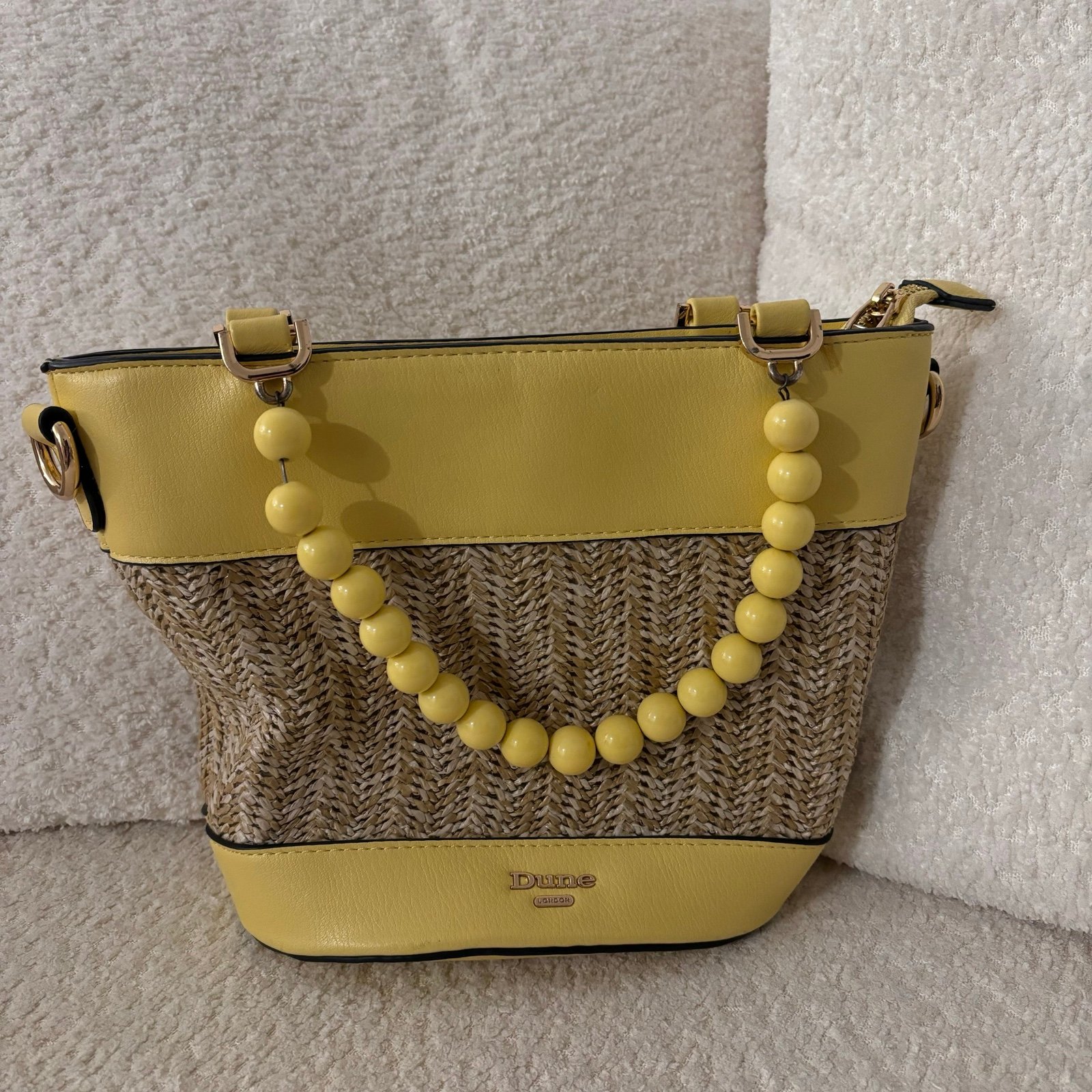 Dune London yellow woven straw mini handbag jumbo bead handles