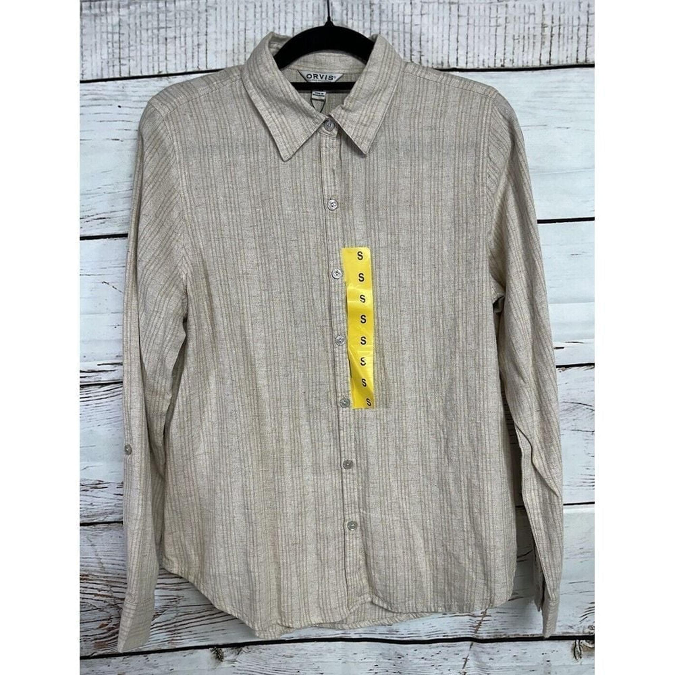 Orvis New Women's Taupe Tan Stripe Linen Button Down Shirt Size Small