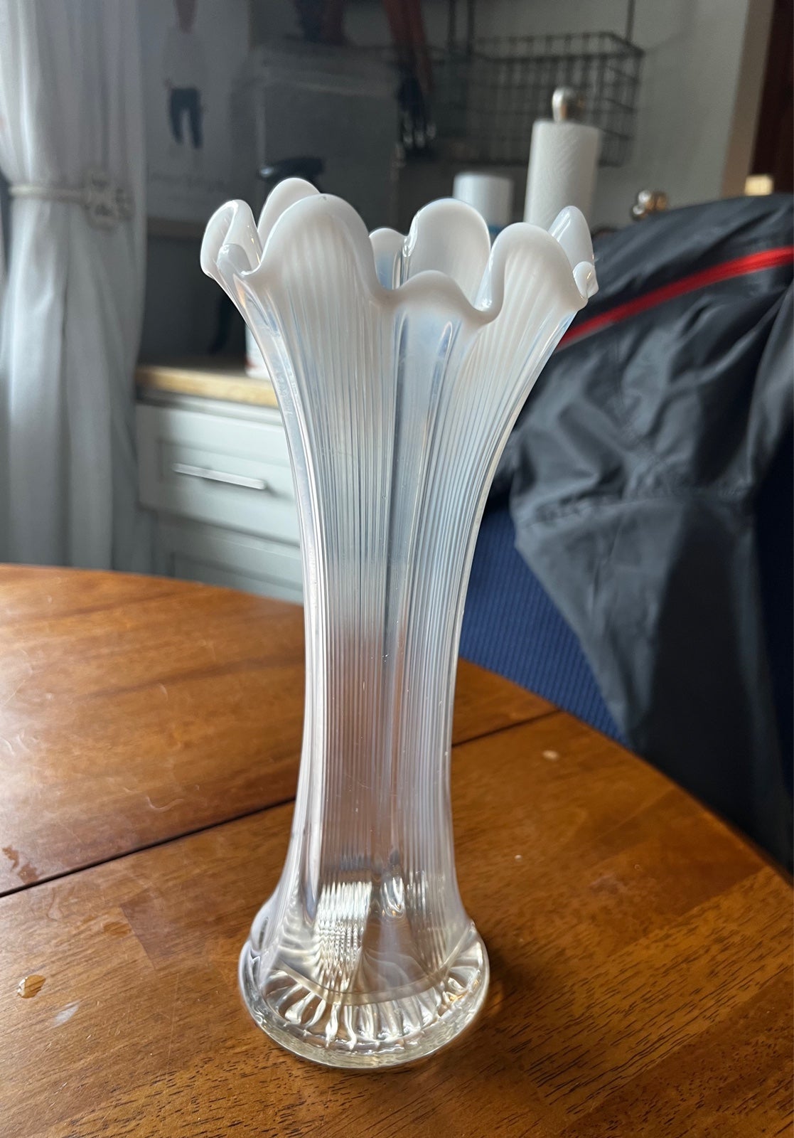 Early Northwood White to Clear Opalescent Swung Stretched Glass Ribbed Vase