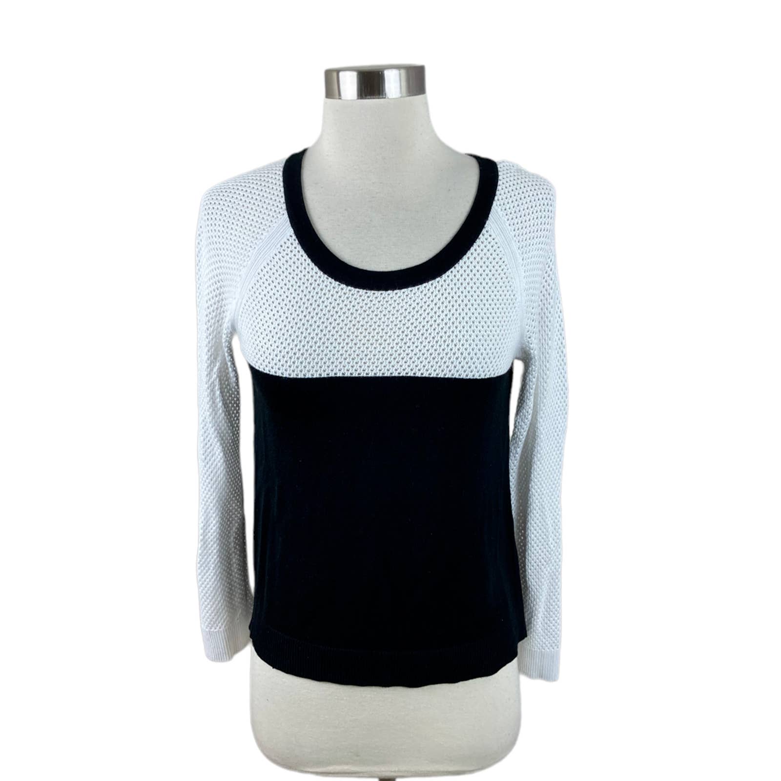 rag & bone XXS Black White Mesh Raglan Sleeve Knit Pullover Sweater