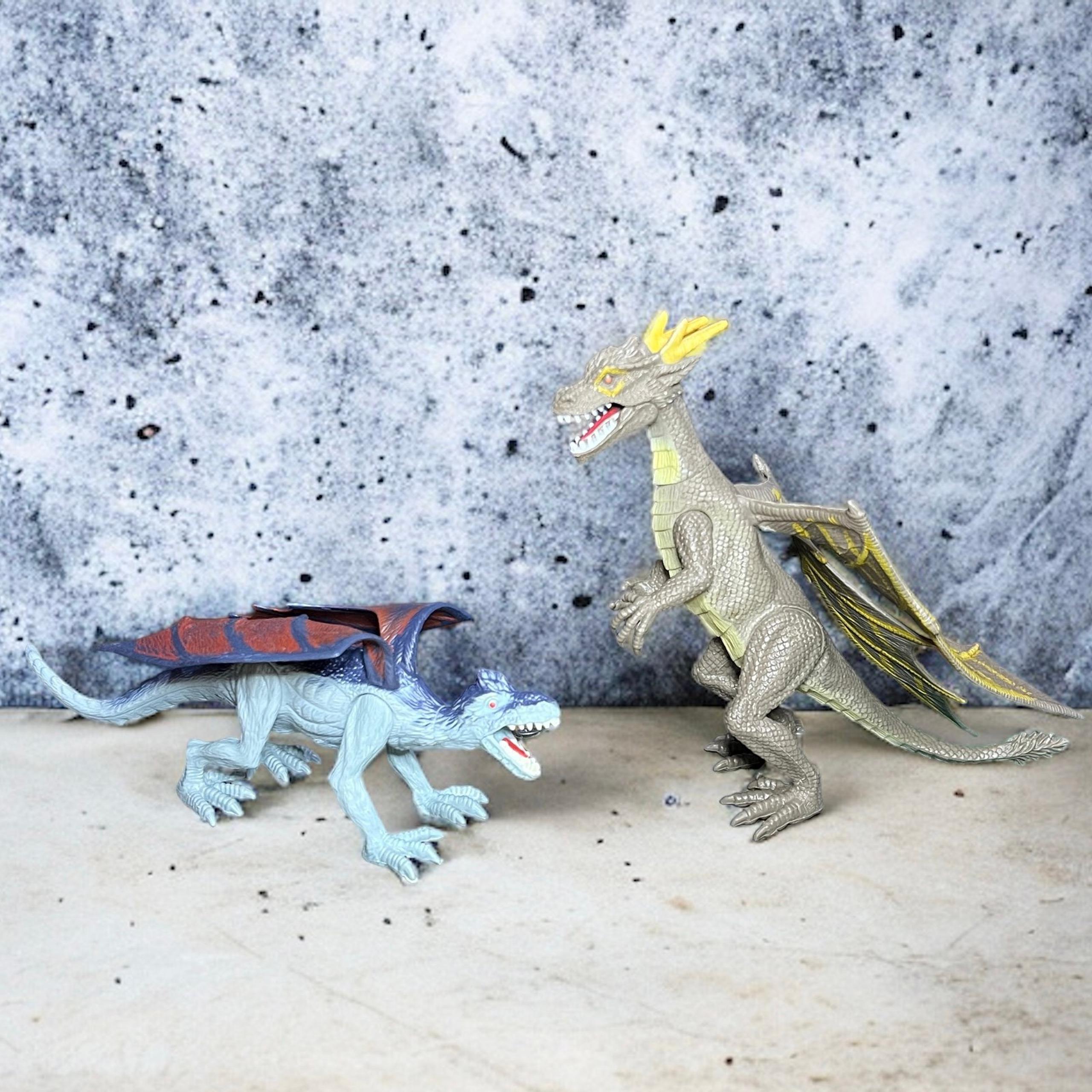 Kid Galaxy Lot Of 2 Dragon Action Figures Blue & Brown W/ Horns Fantasy Toys