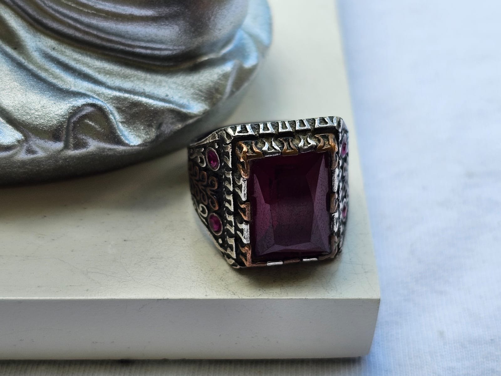 VINTAGE STERLING SILVER BRASS AND RUBY TURKISH OTTOMAN EMPIRE RING SIZE 8.5