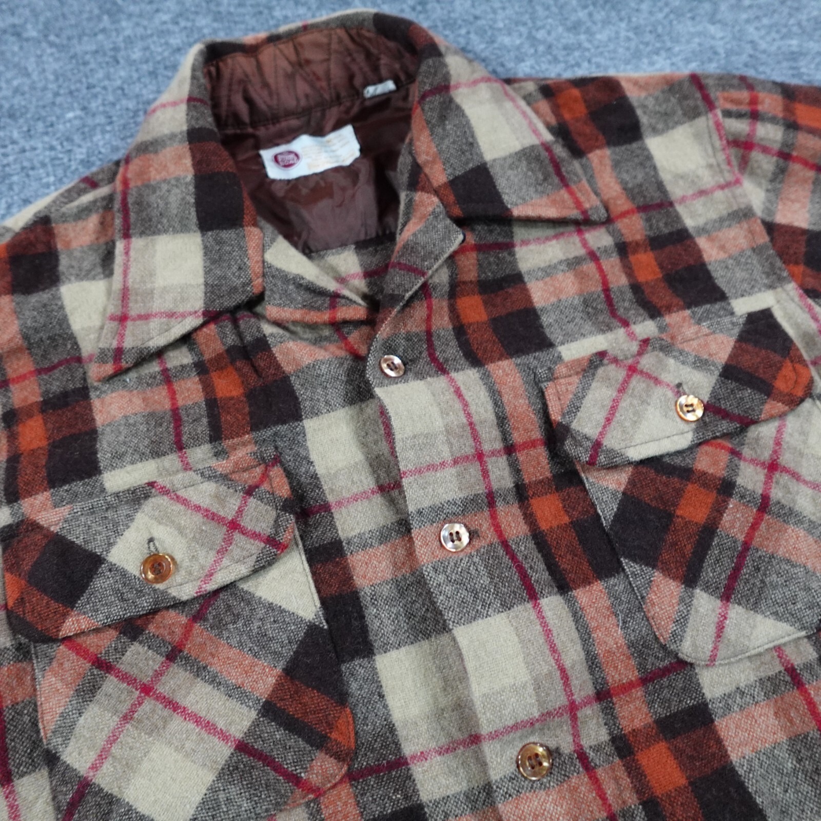 Vintage 70s Sears Kings Road Shirt Men M Brown Plaid Wool Flannel Button 13476