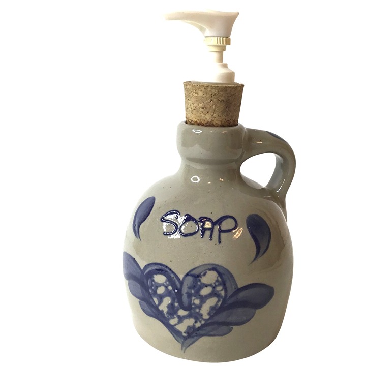 Handmade Pottery Soap Dispenser Blue Heart Folk Art Stoneware Jug w/ Cork Pump