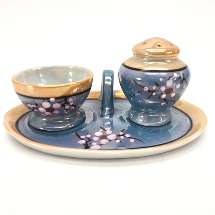 Vintage Lusterware Egg Coddler & Salt Shaker Set With Tray Blue Peach je160