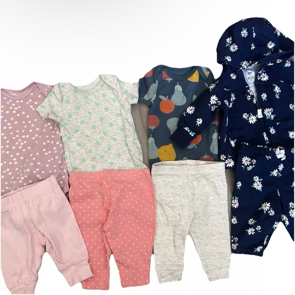 8 Piece Baby Girl Lot Sweatshirt Bodysuits Pants Size 0-3 Months