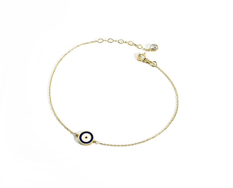 14k Solid Gold Evil Eye Bracelet, STD Size, Tiny Gold Eye Bracelet, Black Turkis