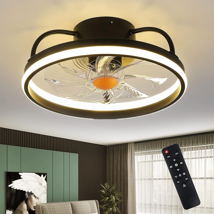 15'' Low Profile Flush Mount Ceiling Fan with Lights and Remote Control (Black)