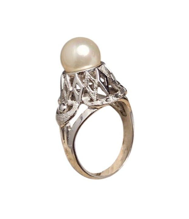 Vintage Cultured Freshwater Pearl Sterling Silver Filigree Ring Size 6
