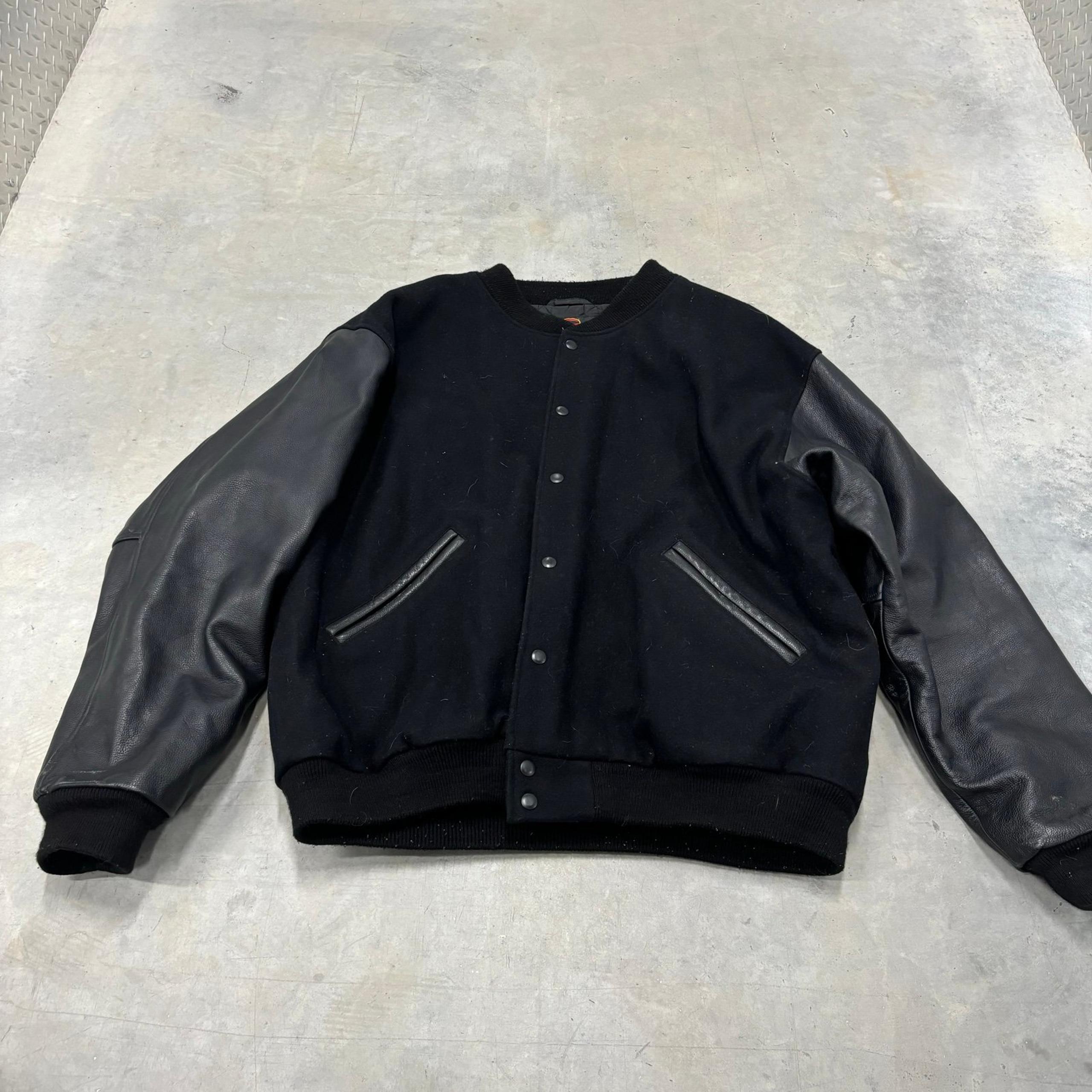 Black Out Blank Leather Wool Varsity Jacket Snap Up Game Sportswear Sz XXL