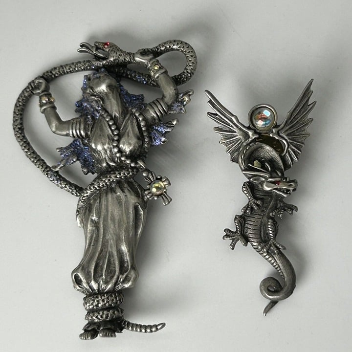 Vintage Pewter JJ Jonette Set of 2 Pins Brooch Mythical Dragon Snake Woman