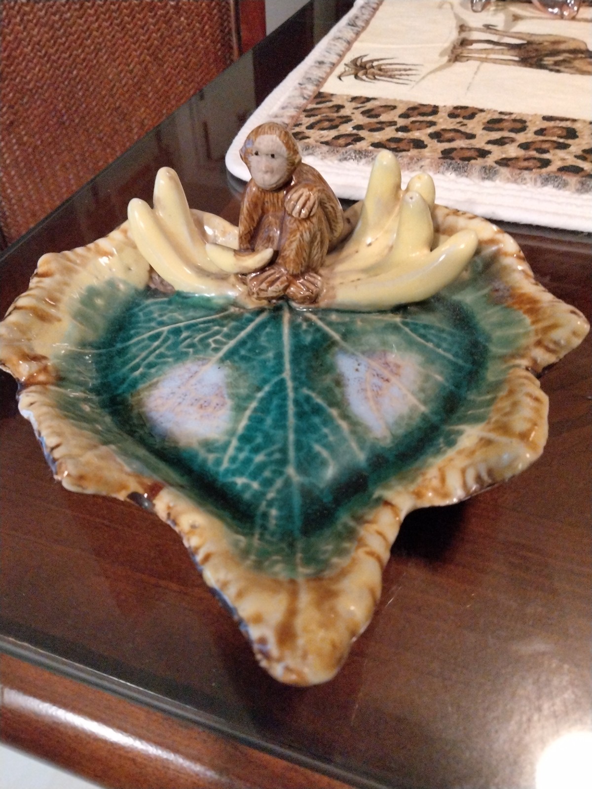 Vintage Majolica Trinket Dish w/ Bananas and Monkey