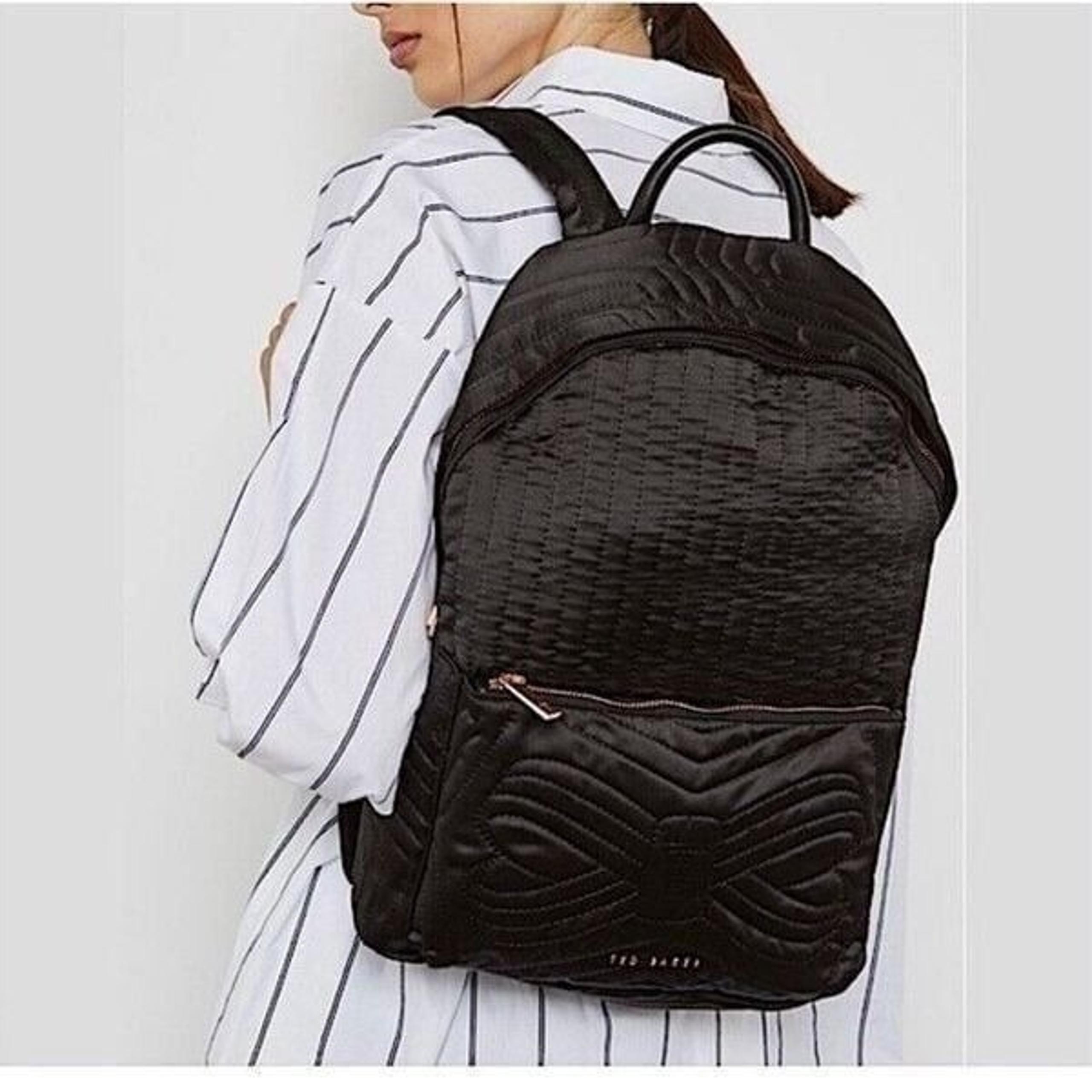 Ted Baker Akija Satin Black Quilted Bow Backpack Rose Gold Hardware
