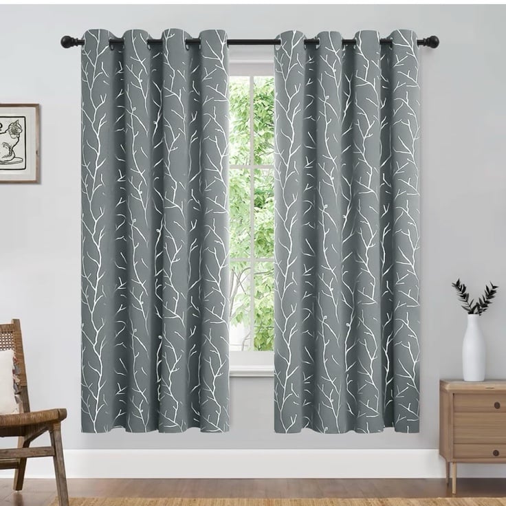 Blackout Curtains Silver Foil Print Tree Branches Grommet Drapes, Room Darkening