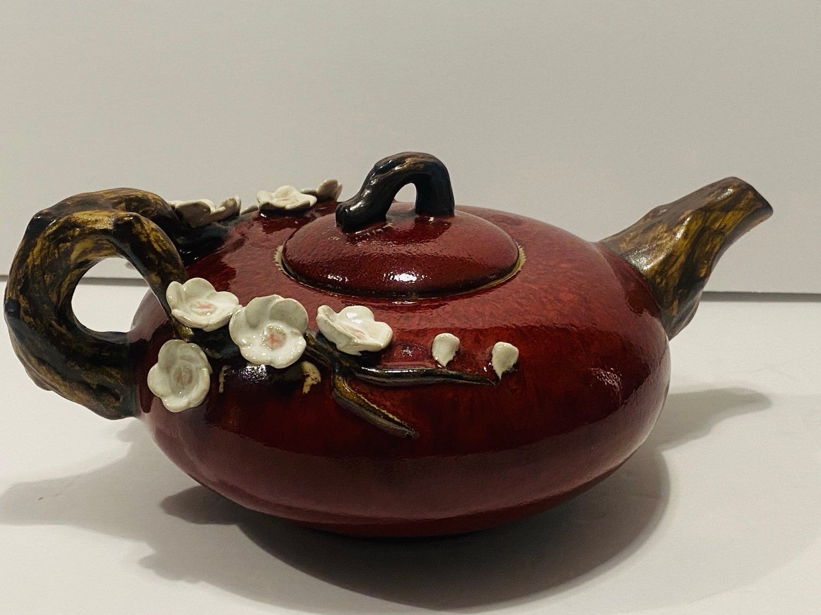 Vintage Glazed Chinese Decorative Large Clay Flowers Teapot 10.5”-7”-4” .