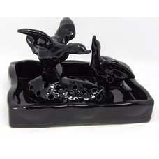 Vintage Camark Pottery Black Pair of Ducks Flower Frog with Matching Black Pond