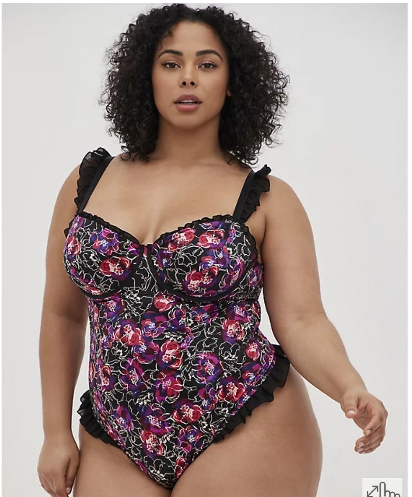 UNDERWIRE THONG RUFFLE BODYSUIT - SATIN FLORAL BLACK