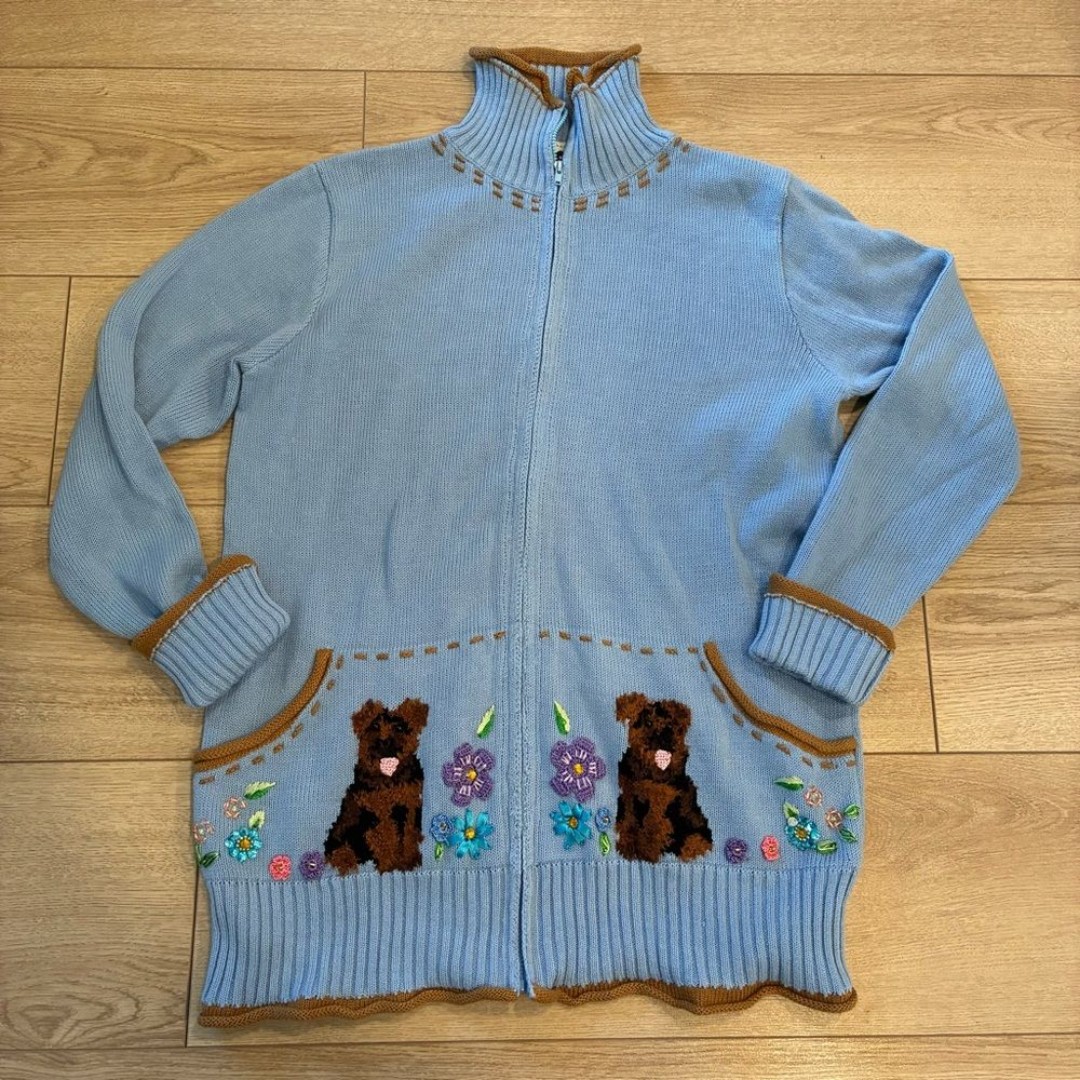 Vintage Storybook Knits Women’s Garden Guardians Dog Full Zip Cardigan Size M
