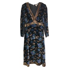 Rebecca Taylor Dress Womens Sz 12 Black Blue Velvet Floral Puff Sleeves V-Neck