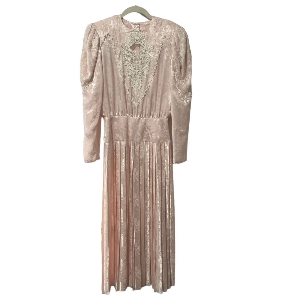 80s Scott McClintock Dress Womens 6 Pink Formal Gown Victorian Lace Long Pleated