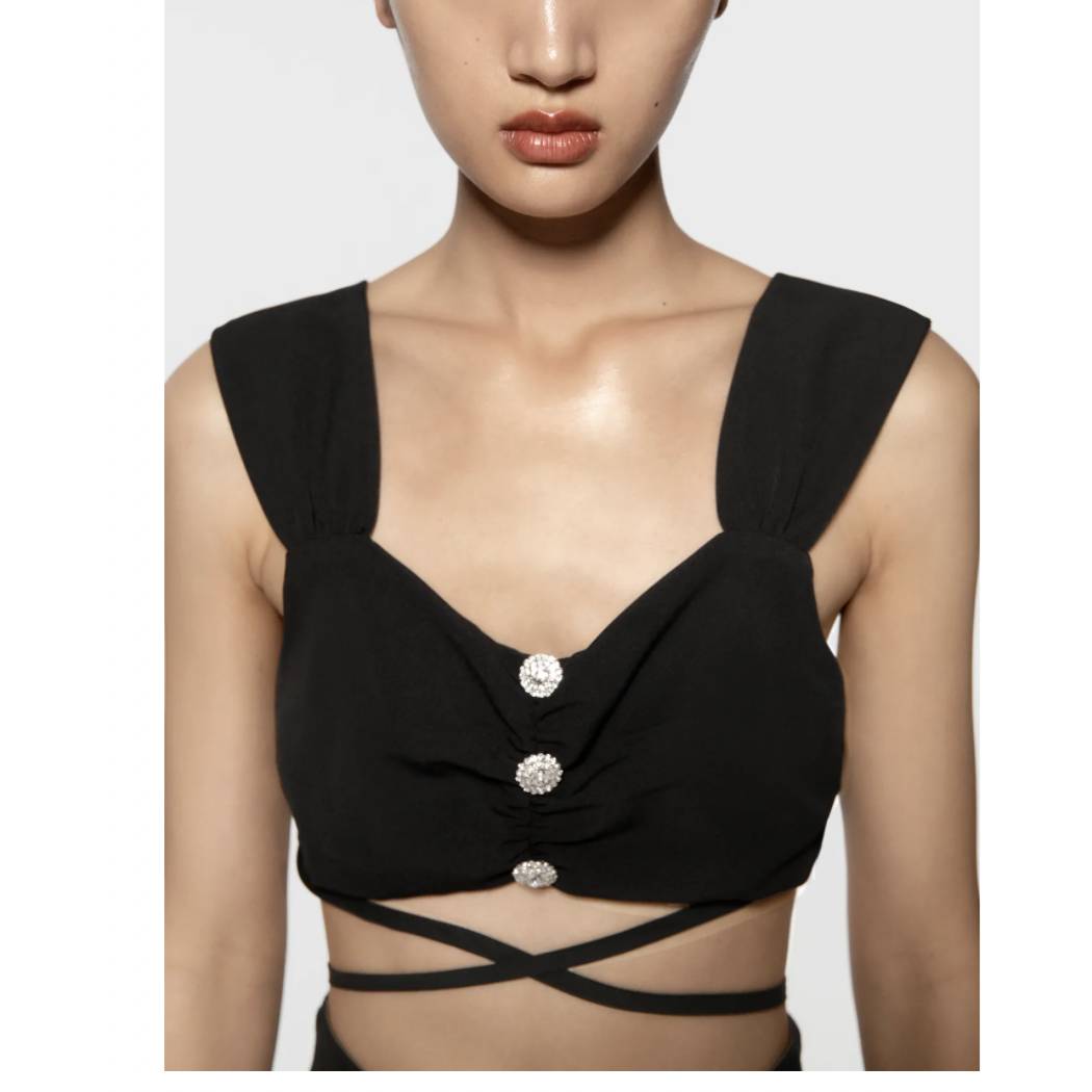 Zara STRAPPY Large JEWEL BUTTON TOP BLACK | 9878/219