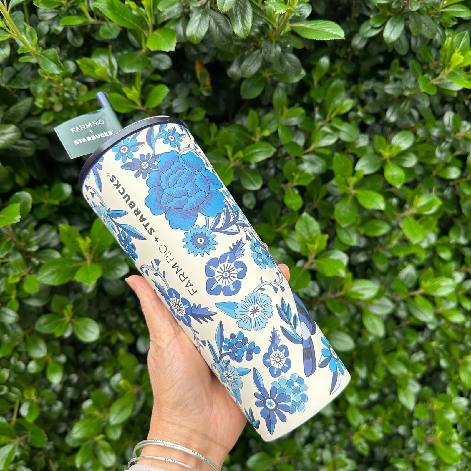 Starbucks + Farm Rio 24oz Tumbler Summer 2025 Early Release Blue Flowers, Birds